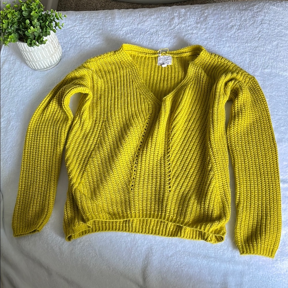 Hippie Rose Yellow V-Neck Sweater Chunky Knit